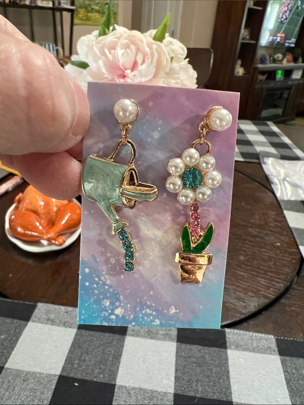 New Whimsical watering can & Floral Drop Earrings - Green Accent